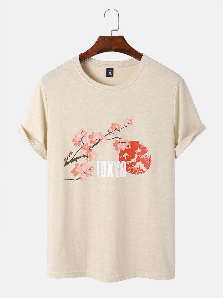 Herre Cherry Blossoms Mountain Print Kortærmede Bomuld T-shirts