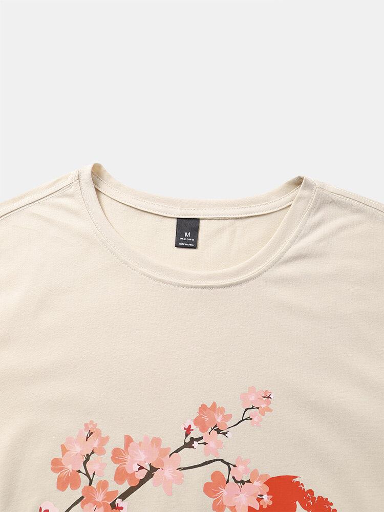 Herre Cherry Blossoms Mountain Print Kortærmede Bomuld T-shirts