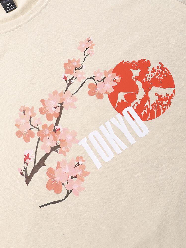 Herre Cherry Blossoms Mountain Print Kortærmede Bomuld T-shirts