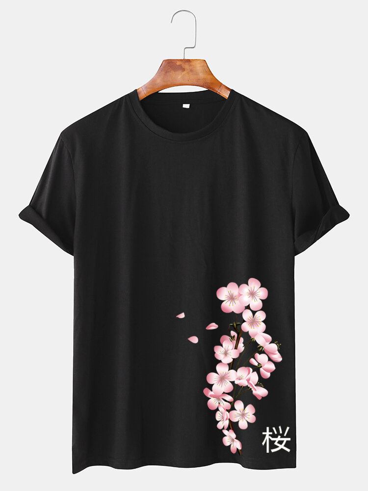 Herre Cherry Print Japansk Stil O-hals Kortærmet T-shirt