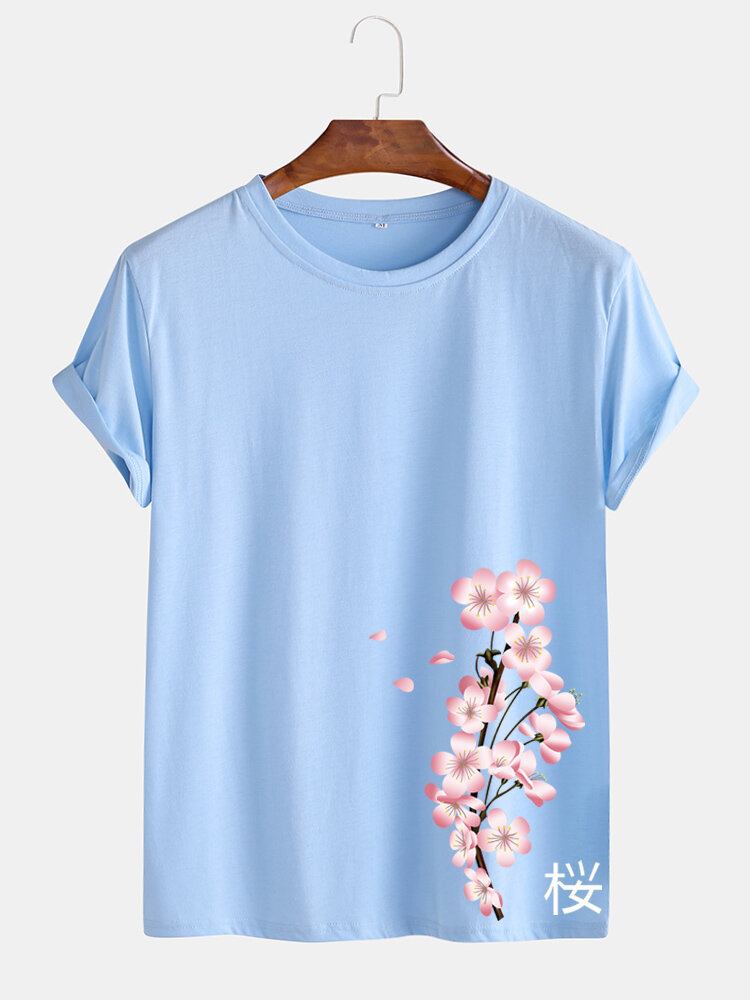 Herre Cherry Print Japansk Stil O-hals Kortærmet T-shirt