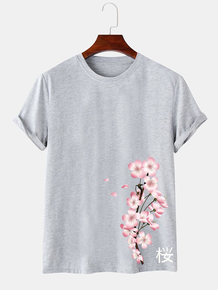 Herre Cherry Print Japansk Stil O-hals Kortærmet T-shirt