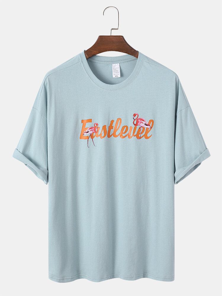 Herre Flamingo Letter Print Rundhalset Løs T-shirts I Bomuld Med Korte Ærmer