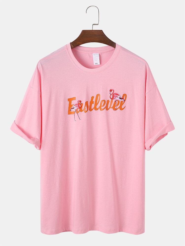 Herre Flamingo Letter Print Rundhalset Løs T-shirts I Bomuld Med Korte Ærmer