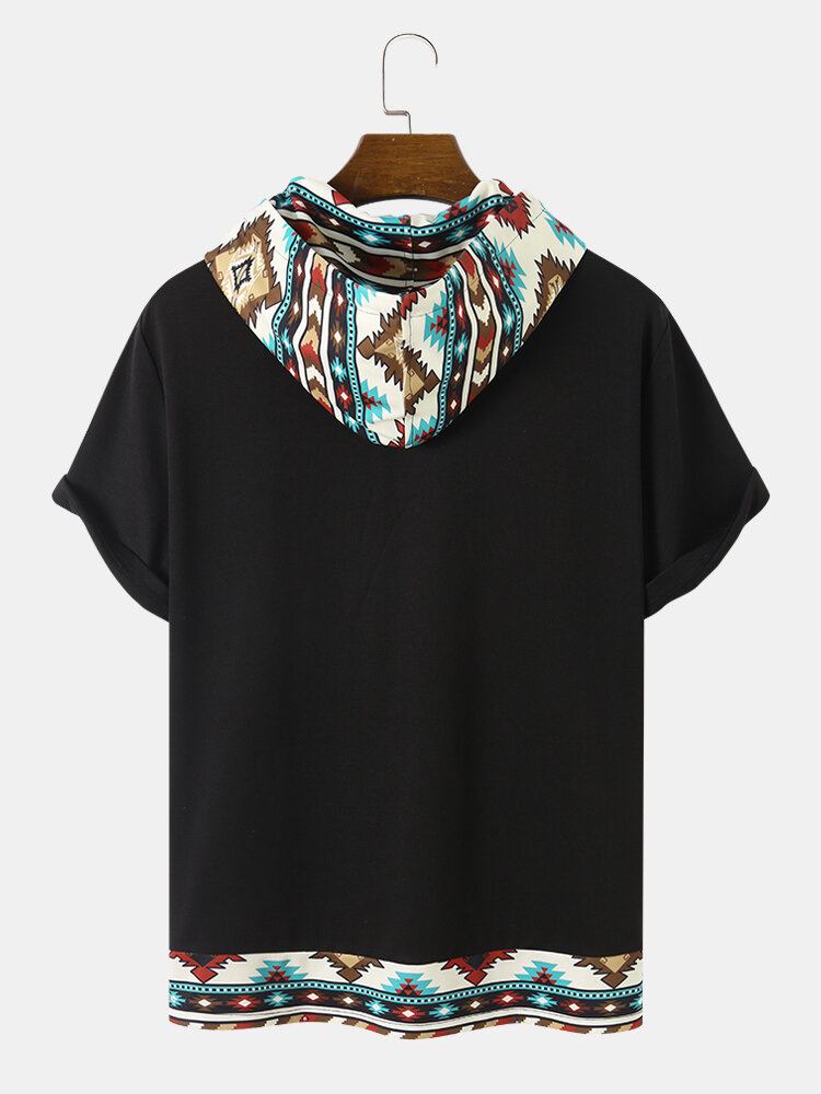 Herre Geometrisk Print Patchwork Brystlomme Kortærmede T-shirts Med Hætte