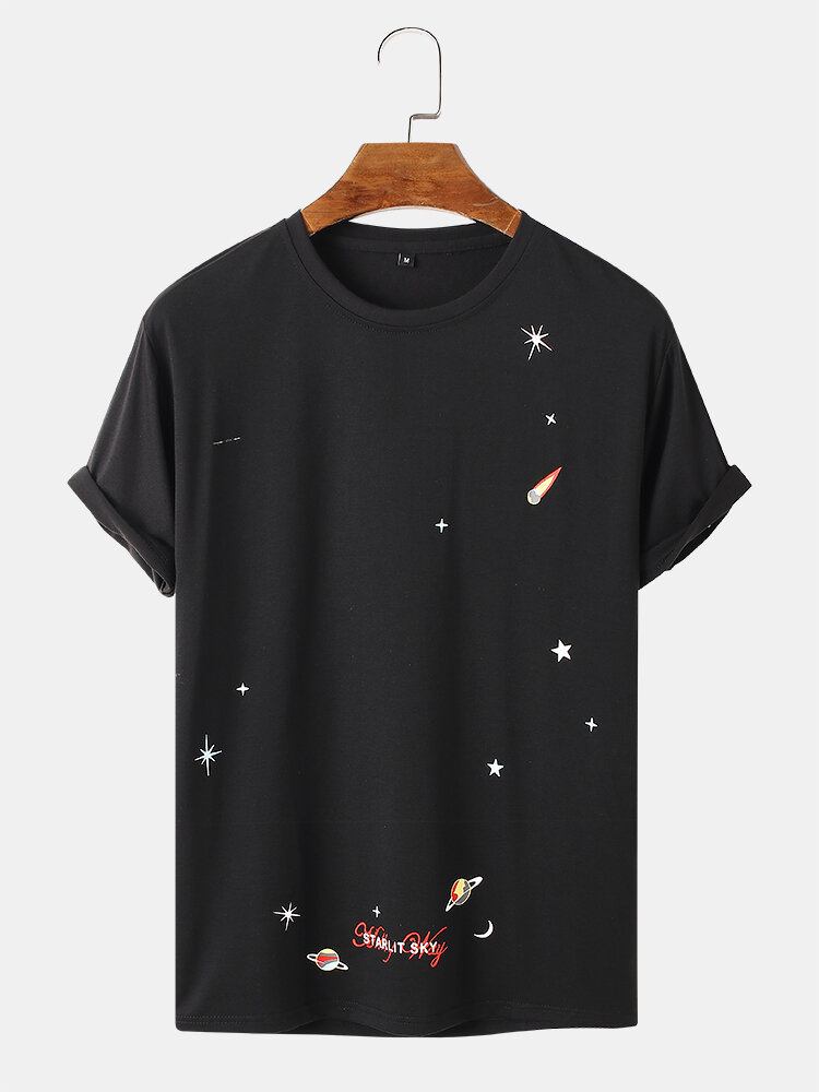 Herre Space Element Print O-hals 100% Bomuld Kortærmet T-shirt