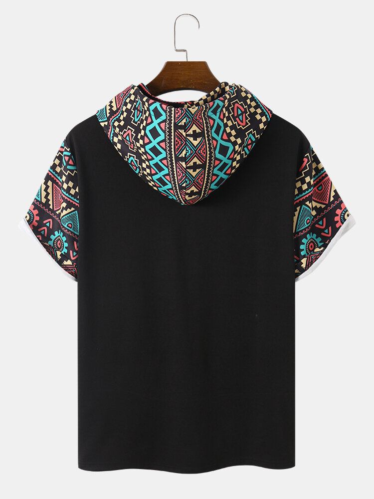 Herre Tribal Geometrisk Print Patchwork Dobbeltlomme Kortærmede T-shirts Med Hætte