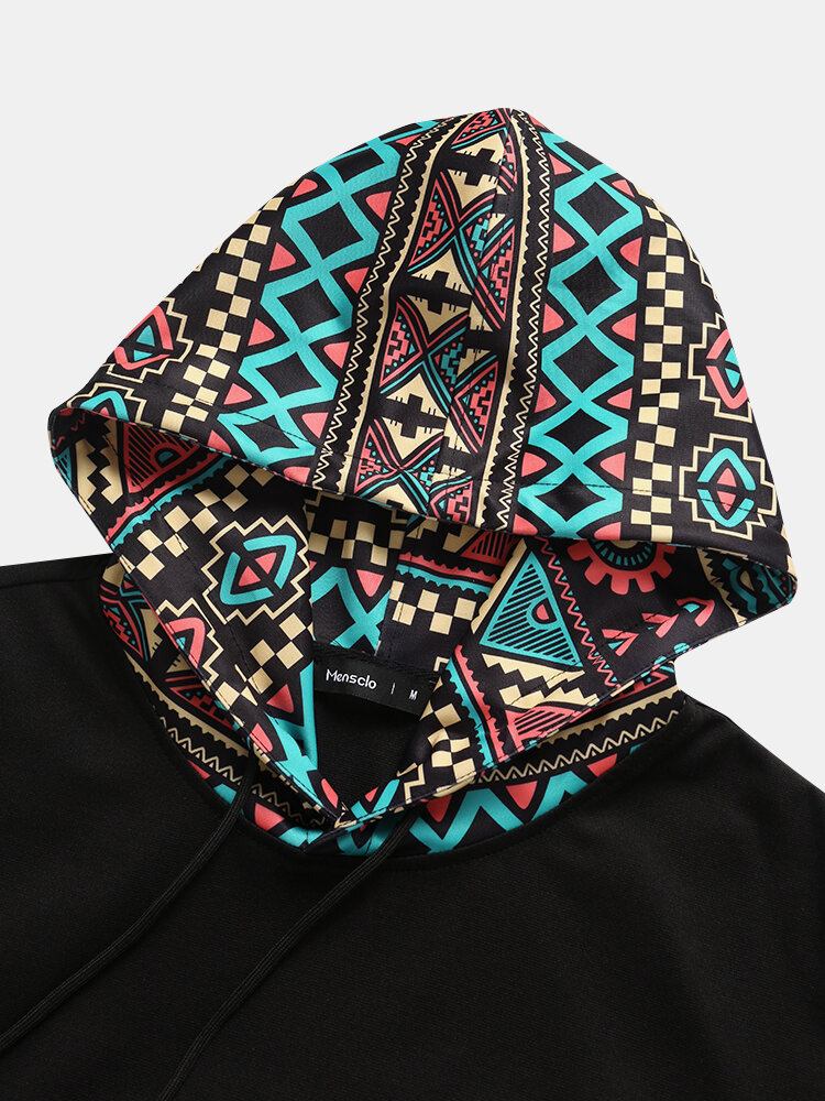 Herre Tribal Geometrisk Print Patchwork Dobbeltlomme Kortærmede T-shirts Med Hætte