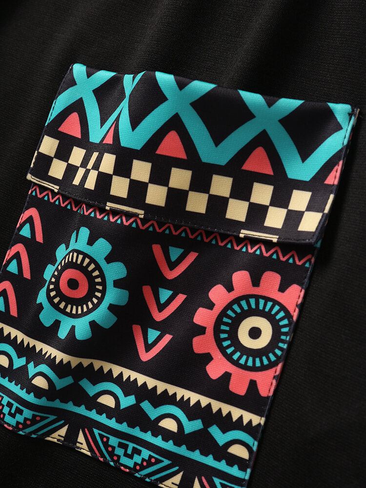 Herre Tribal Geometrisk Print Patchwork Dobbeltlomme Kortærmede T-shirts Med Hætte