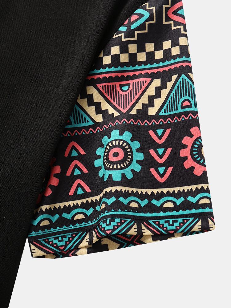 Herre Tribal Geometrisk Print Patchwork Dobbeltlomme Kortærmede T-shirts Med Hætte