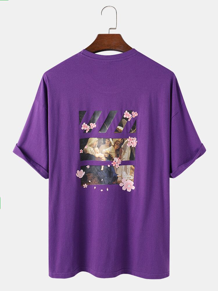 Herrefigur Blomsterbaggrafik 100% Bomuld Løse Kortærmede T-shirts