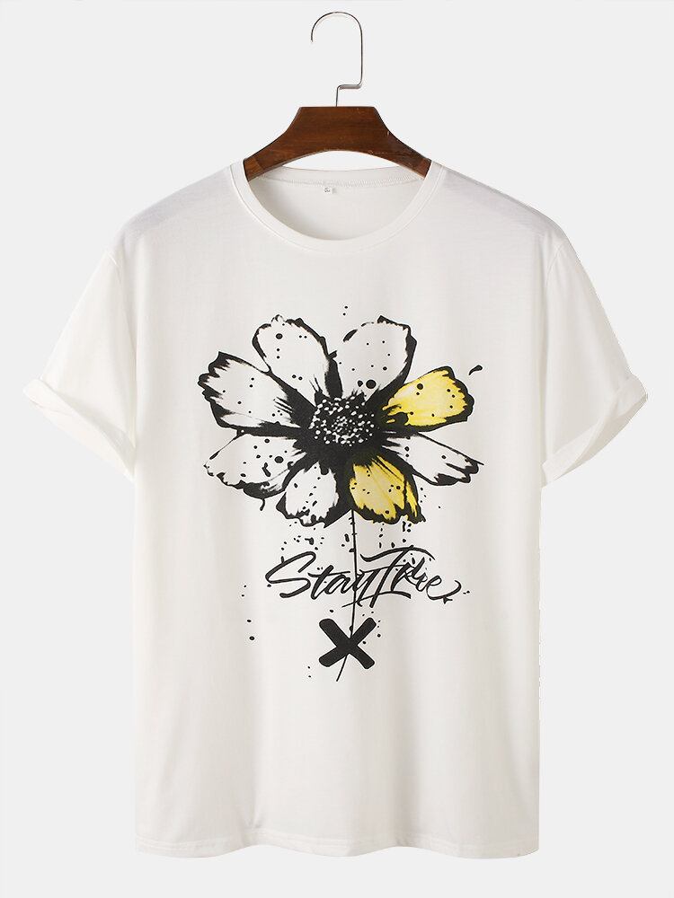 Kortærmede Bomulds-t-shirts Med O-udskæring I Akvarel Med Blomstertryk Til Mænd