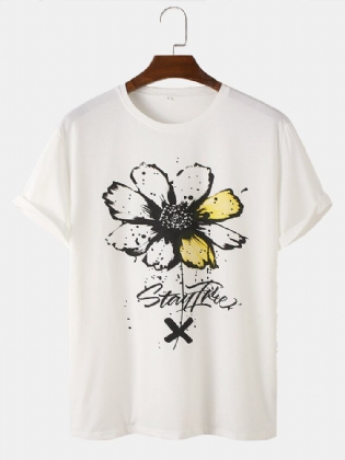 Kortærmede Bomulds-t-shirts Med O-udskæring I Akvarel Med Blomstertryk Til Mænd