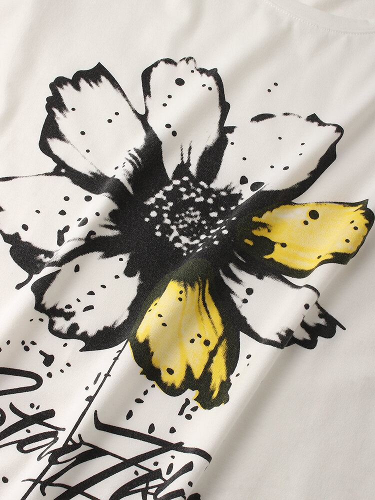 Kortærmede Bomulds-t-shirts Med O-udskæring I Akvarel Med Blomstertryk Til Mænd