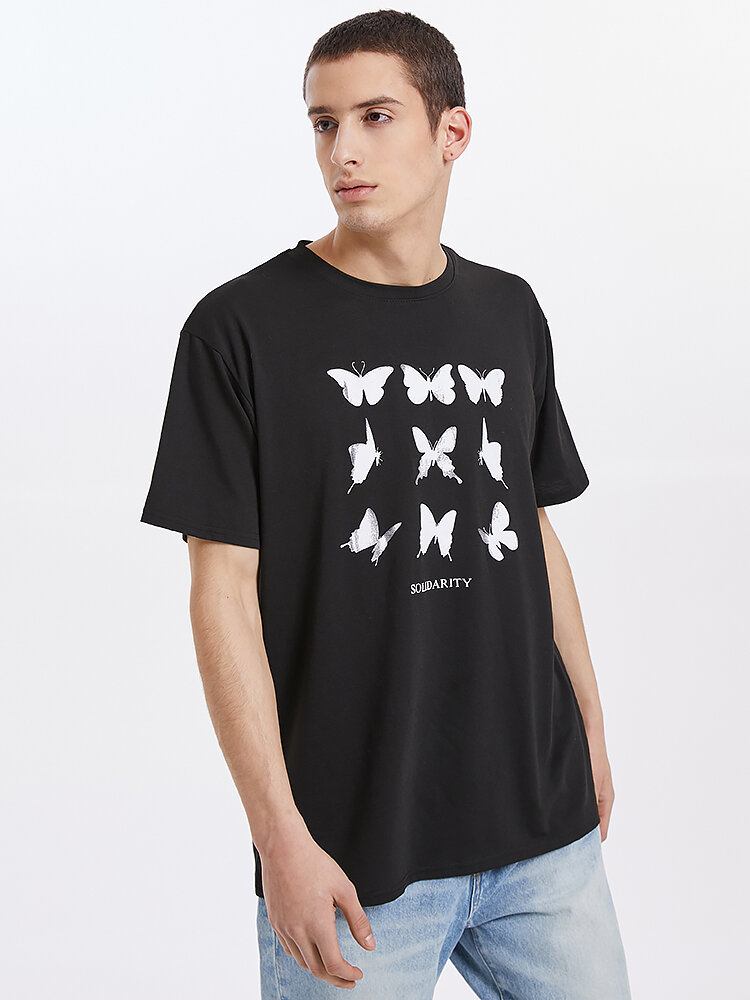 Kortærmet Sommerfugletryk Til Mænd Med Rund Hals Sorte Preppy T-shirts