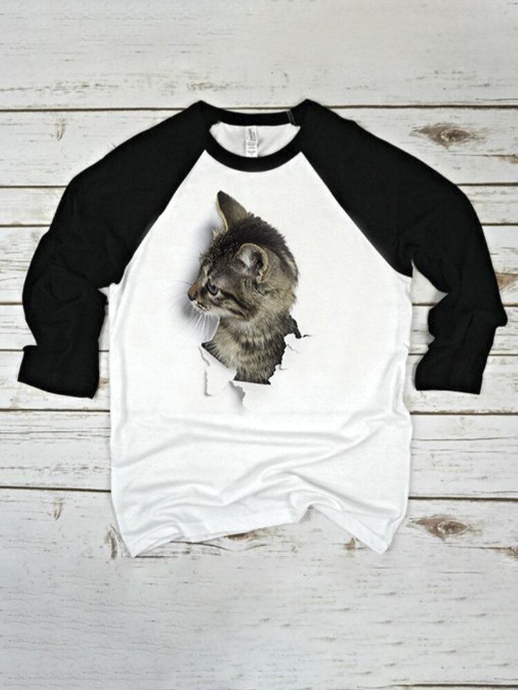 Kvinder 3d Cat Patchwork Raglan-ærmet Afslappet T-shirt Med Rund Hals