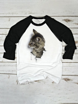 Kvinder 3d Cat Patchwork Raglan-ærmet Afslappet T-shirt Med Rund Hals
