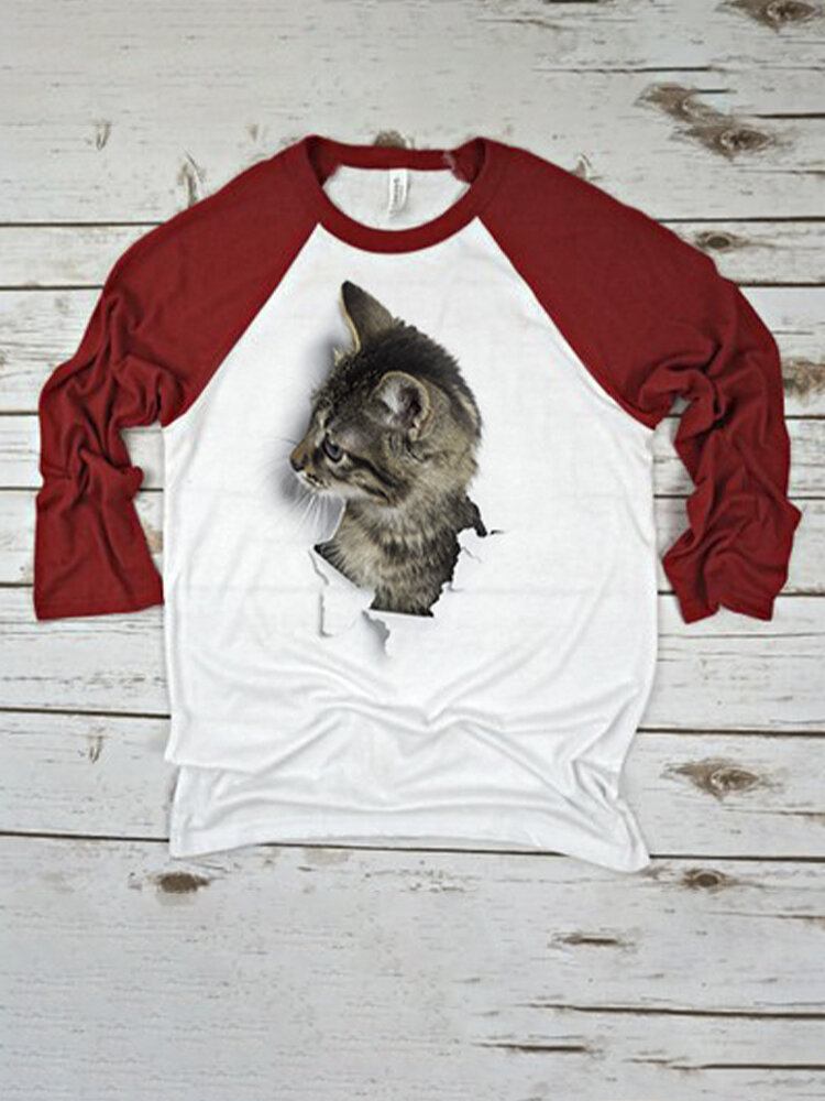 Kvinder 3d Cat Patchwork Raglan-ærmet Afslappet T-shirt Med Rund Hals