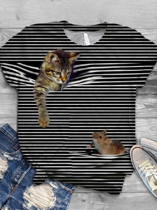 Kvinder 3d Kat Animal Pinstripe Print O-hals Casual Kortærmede T-shirts