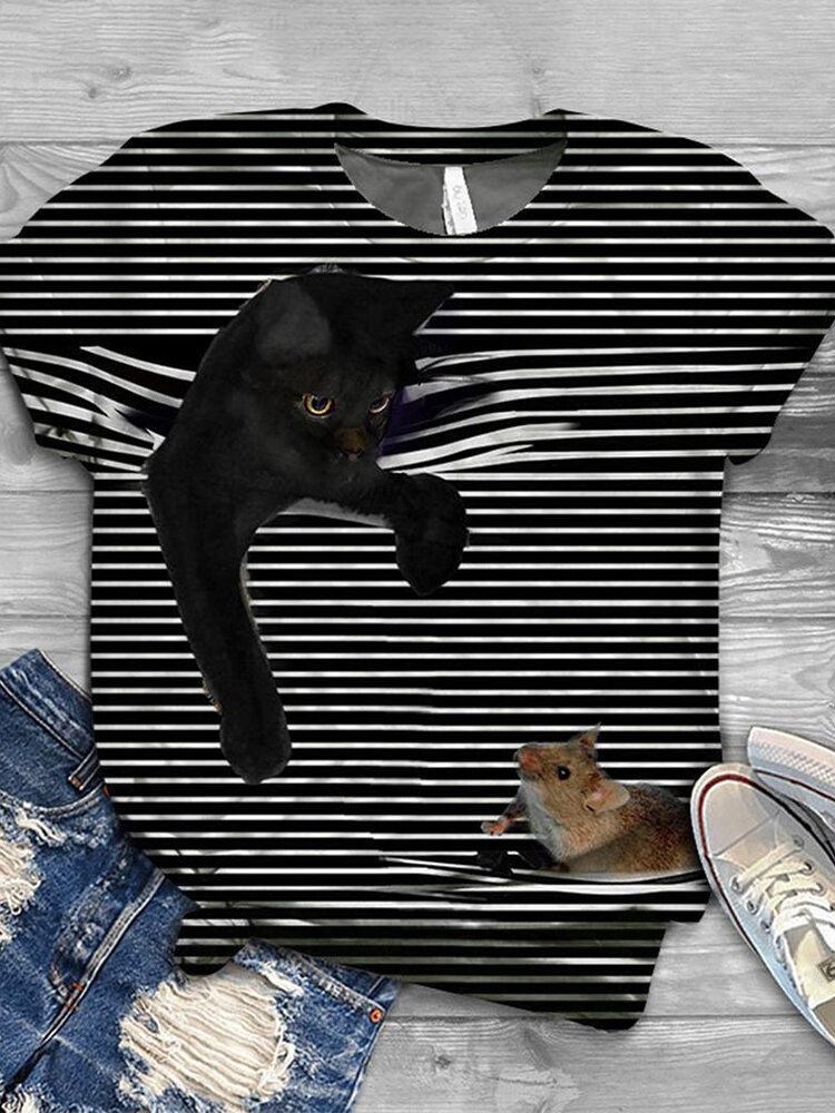 Kvinder 3d Kat Animal Pinstripe Print O-hals Casual Kortærmede T-shirts