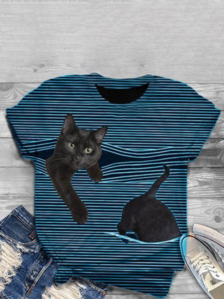 Kvinder 3d Kat Animal Pinstripe Print O-hals Casual Kortærmede T-shirts