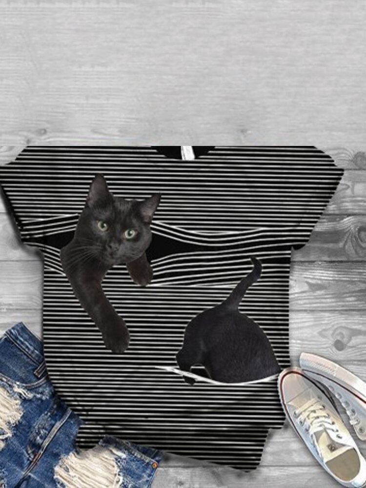 Kvinder 3d Kat Animal Pinstripe Print O-hals Casual Kortærmede T-shirts