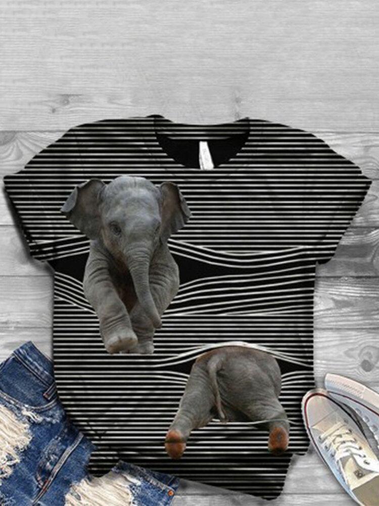 Kvinder 3d Kat Animal Pinstripe Print O-hals Casual Kortærmede T-shirts