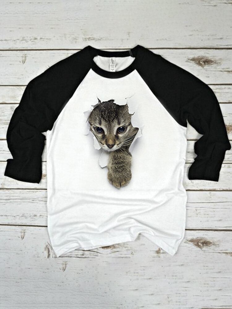 Kvinder 3d Kat Brysttryk Patchwork Raglan Ærmer Rund Hals Kausal T-shirt