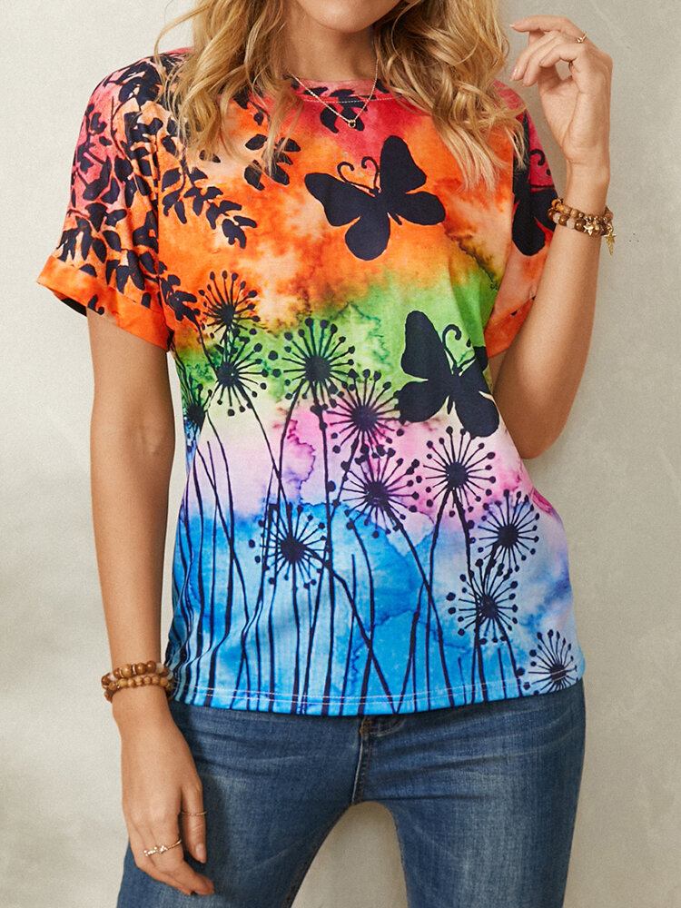 Kvinder All Over Butterfly Print Rundhalset Casual Kortærmede T-shirts