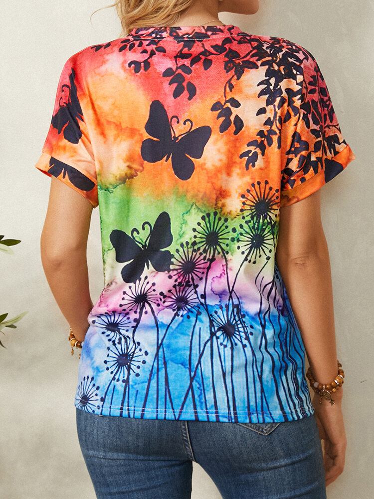 Kvinder All Over Butterfly Print Rundhalset Casual Kortærmede T-shirts