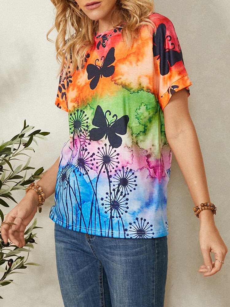 Kvinder All Over Butterfly Print Rundhalset Casual Kortærmede T-shirts