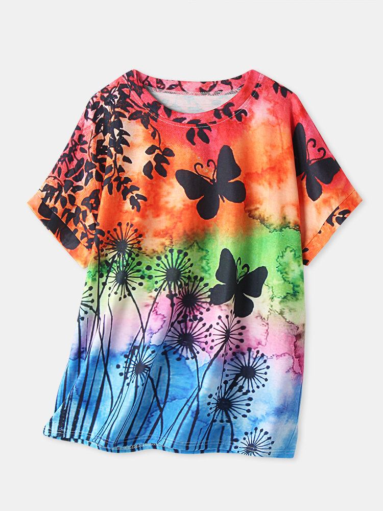 Kvinder All Over Butterfly Print Rundhalset Casual Kortærmede T-shirts