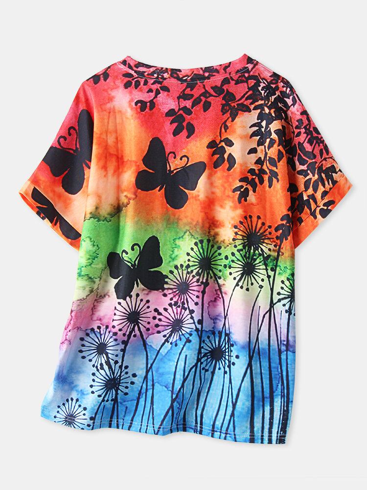 Kvinder All Over Butterfly Print Rundhalset Casual Kortærmede T-shirts