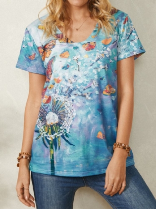 Kvinder All Over Butterfly Print V-hals Casual Kortærmede T-shirts