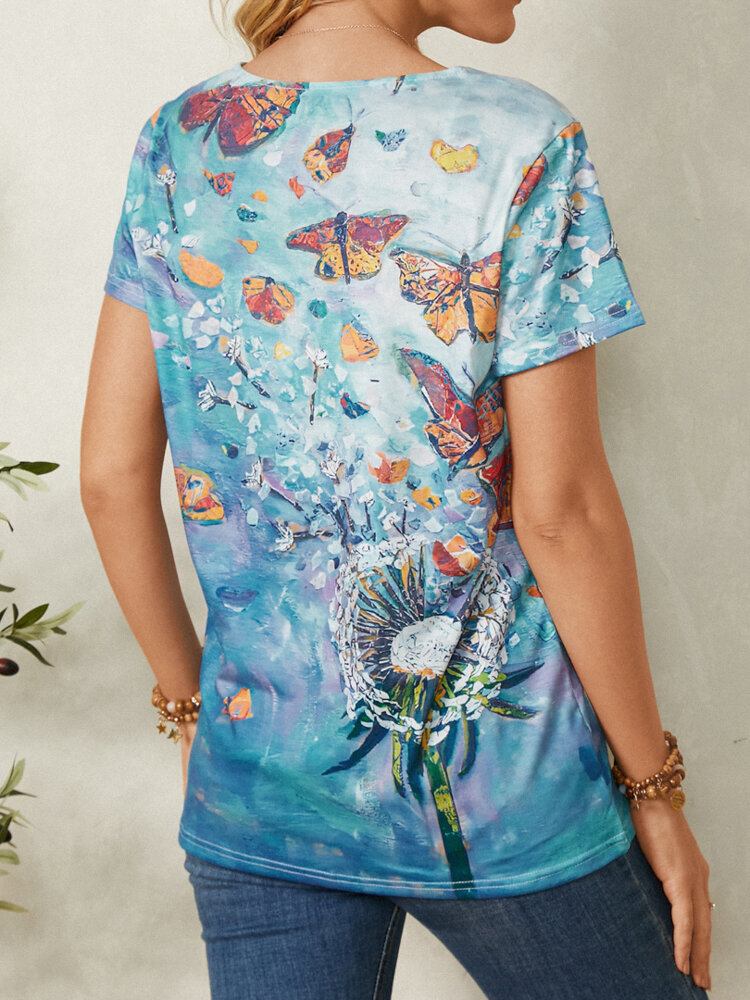 Kvinder All Over Butterfly Print V-hals Casual Kortærmede T-shirts