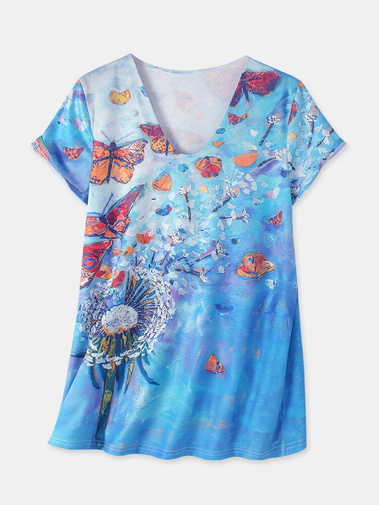 Kvinder All Over Butterfly Print V-hals Casual Kortærmede T-shirts