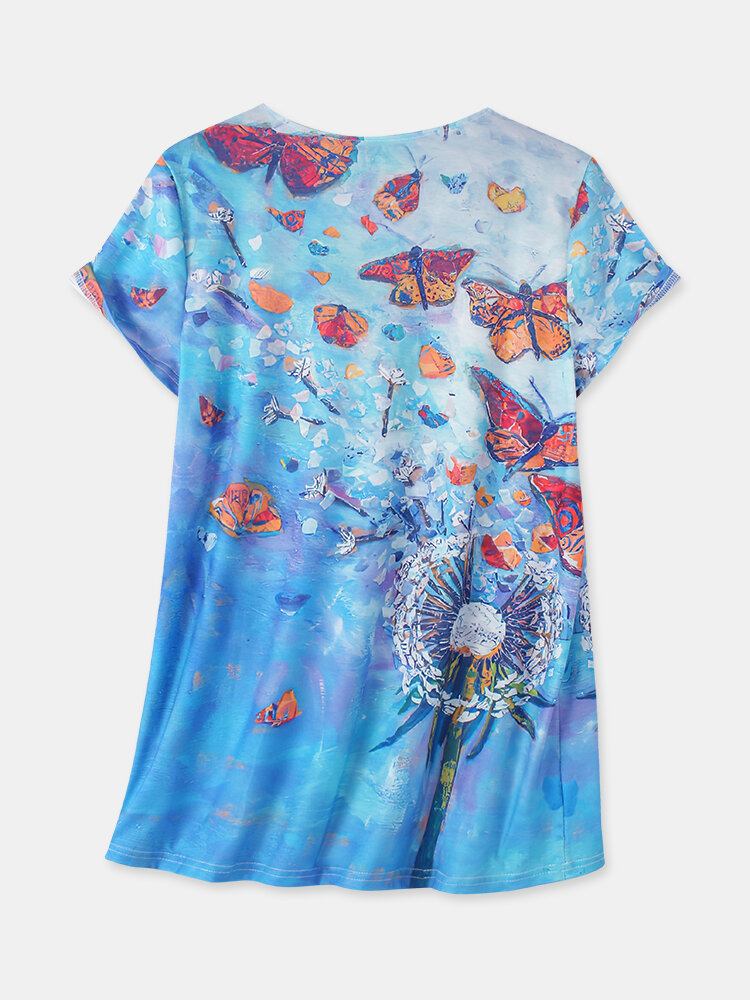 Kvinder All Over Butterfly Print V-hals Casual Kortærmede T-shirts