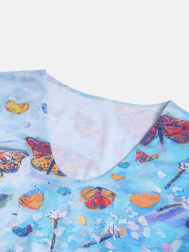 Kvinder All Over Butterfly Print V-hals Casual Kortærmede T-shirts