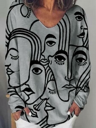 Kvinder Art Abstrakt Karakter Print Løs Langærmet Casual T-shirt