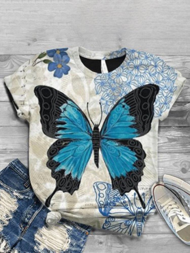 Kvinder Butterfly Print O-hals Casual Kortærmede T-shirts