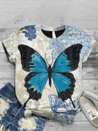 Kvinder Butterfly Print O-hals Casual Kortærmede T-shirts