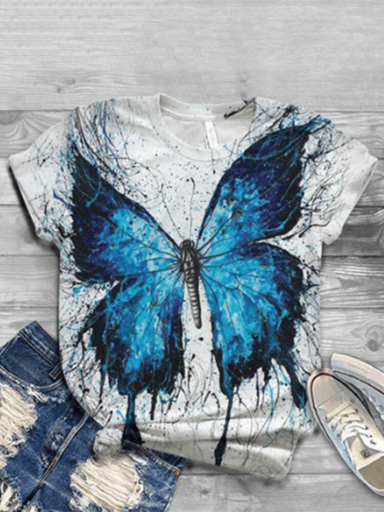 Kvinder Butterfly Print O-hals Casual Kortærmede T-shirts