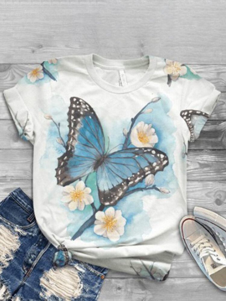 Kvinder Butterfly Print O-hals Casual Kortærmede T-shirts