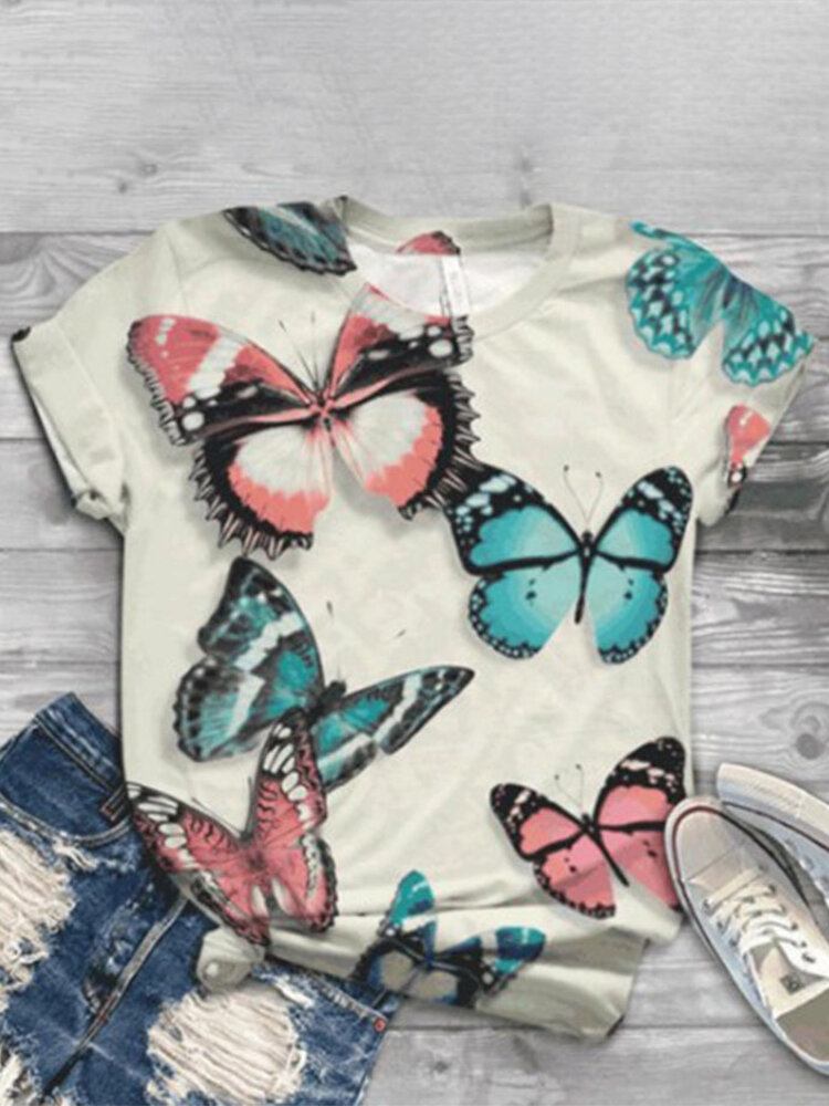 Kvinder Butterfly Print O-hals Casual Kortærmede T-shirts