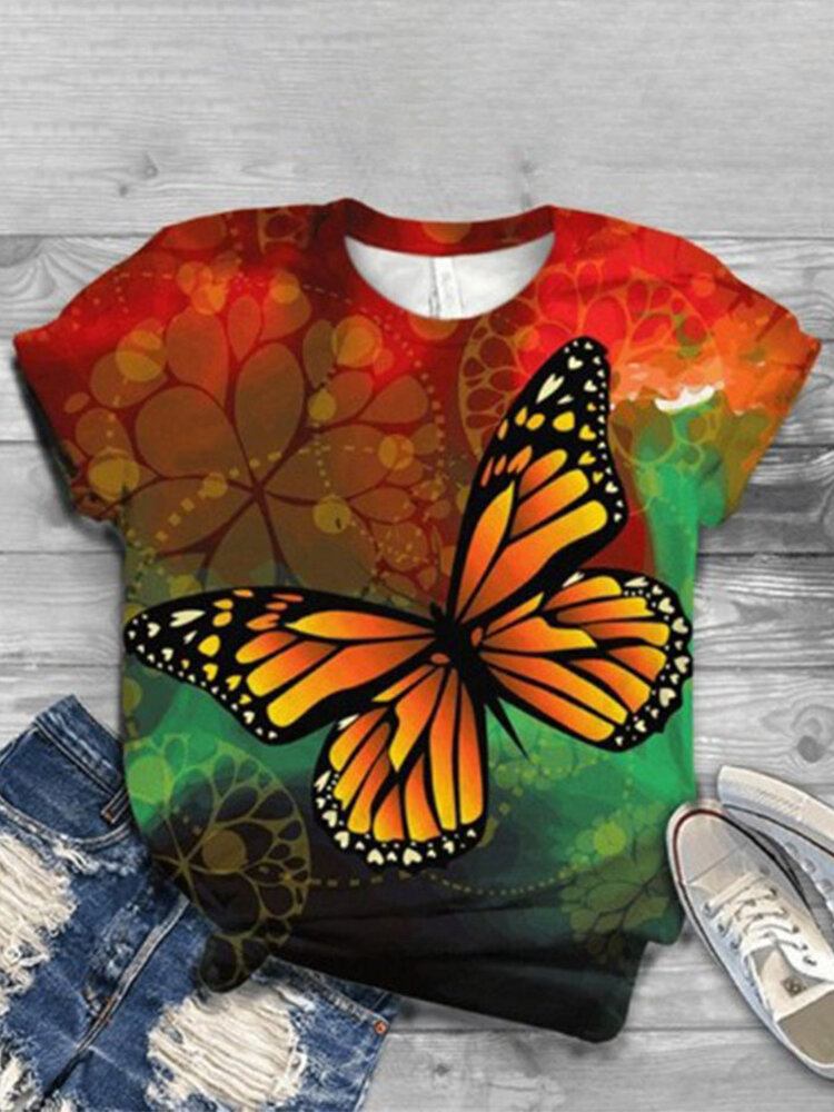 Kvinder Butterfly Print O-hals Casual Kortærmede T-shirts