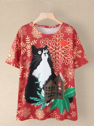 Kvinder Cartoon Cat Allover Print O-hals Casual Kortærmede T-shirts
