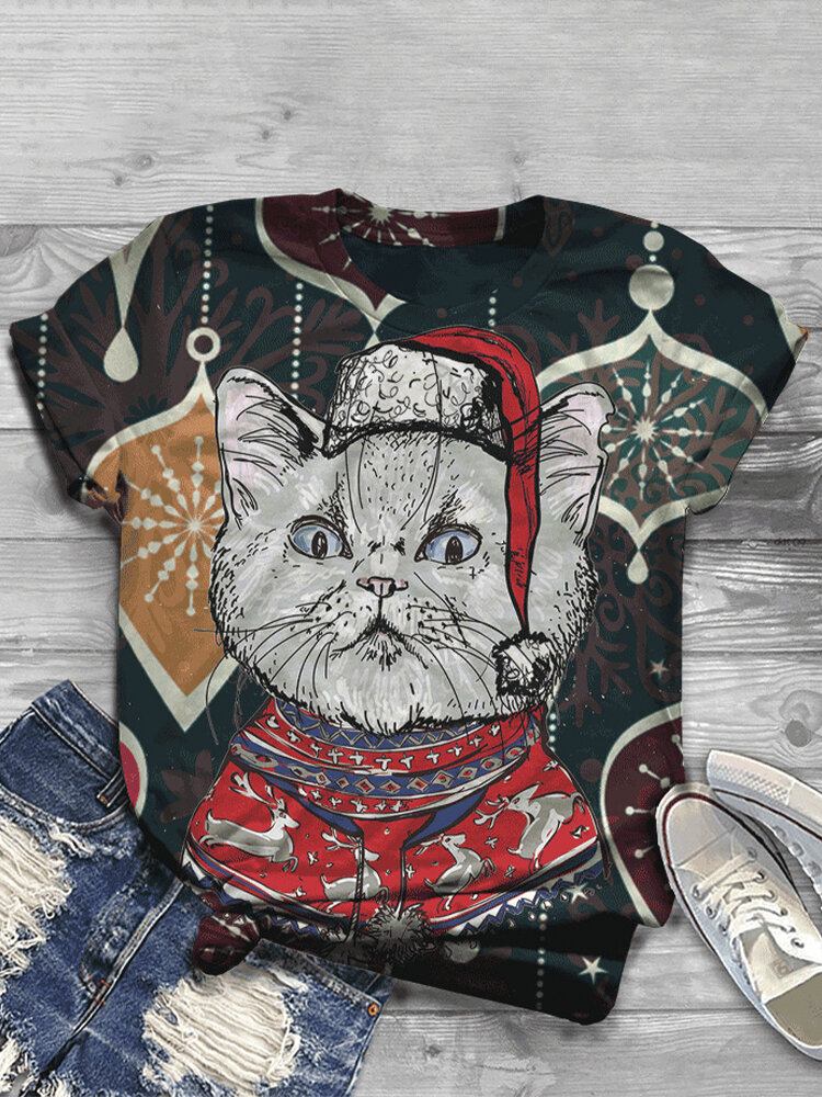 Kvinder Cartoon Cat Allover Print O-hals Casual Kortærmede T-shirts