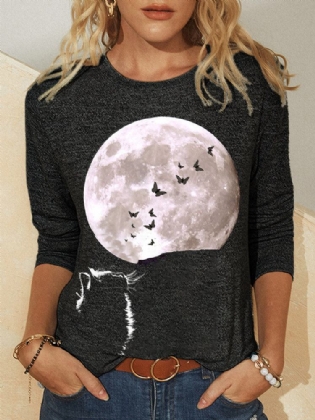 Kvinder Cat Moon Grafisk Trykt Langærmet O-hals Afslappet T-shirt