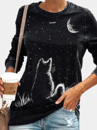 Kvinder Cat Moon Print Langærmet O-hals Casual Pullover T-shirt