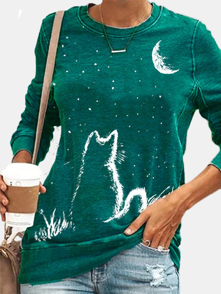 Kvinder Cat Moon Print Langærmet O-hals Casual Pullover T-shirt